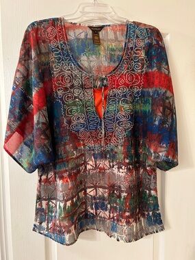 Multiples Multicolor Embroidered V-Neck Tunic Top